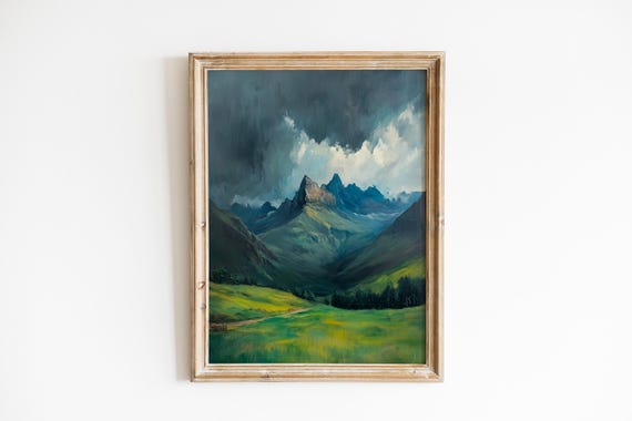 Moody Mountain Landscape Print Drakensberg Peaks Art Stormy Sky Painting Dramatic Nature Wall Decor 392