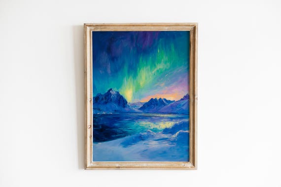 Northern Lights Art Moody Aurora Borealis Painting Scenic Snowy Landscape Winter Nature Wall Decor 887