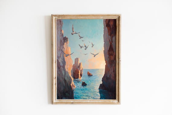 Moody Coastal Seabirds In Flight Landscape Art Dramatic Sunset Glow Over Cliffs Ocean Scene 608