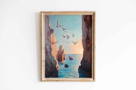 Seagulls Over Sea Cliffs Sunset Coastal Oil Painting Art Poster