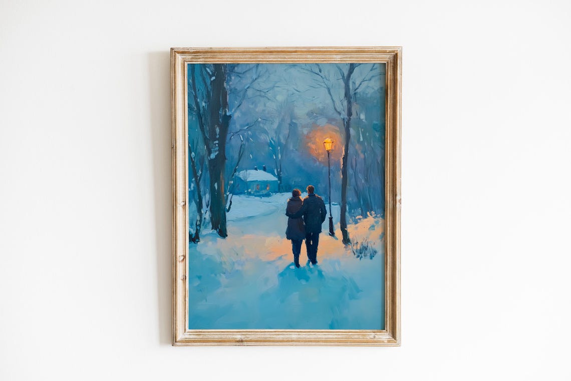 Moody Winter Night Couple Walking Snowy Lamp Lit Path Art Print
