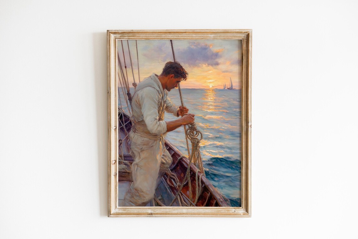 Solitary Sailor Tying Knots on Boat Golden Sunset Ocean Art Print