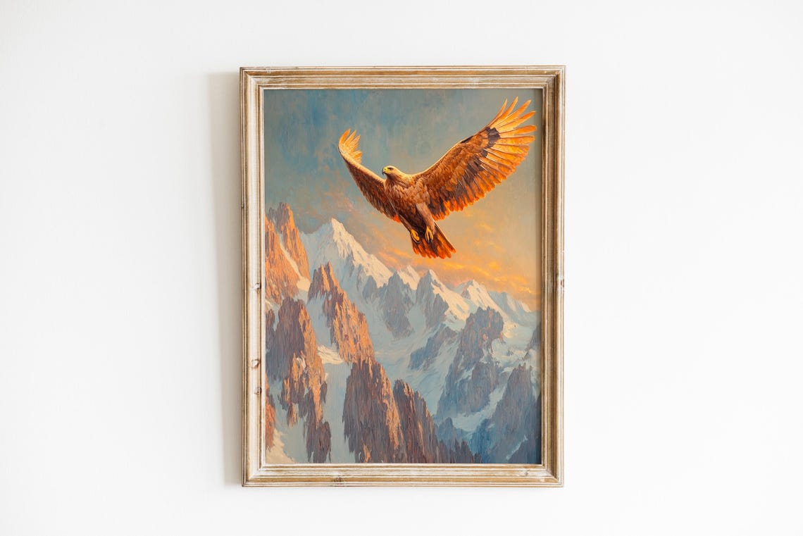 Golden Eagle Soaring Over Snow Capped Peaks Majestic Nature Poster