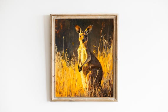 Kangaroo Wall Art Warm Dawn Light Wildlife Painting Moody Rustic Decor Golden Grasses Nature 321