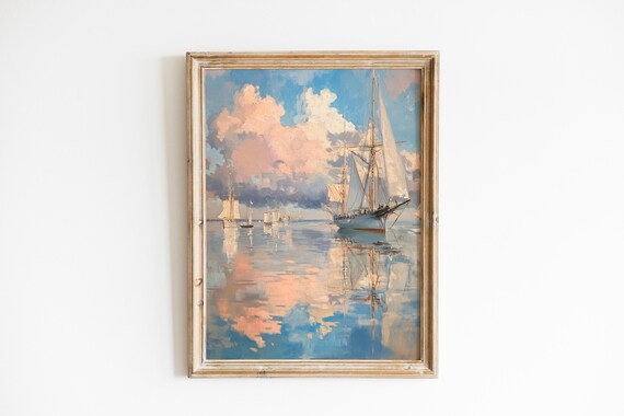 Tall Ships in Calm Harbor at Sunrise Serene Nautical Painting Print