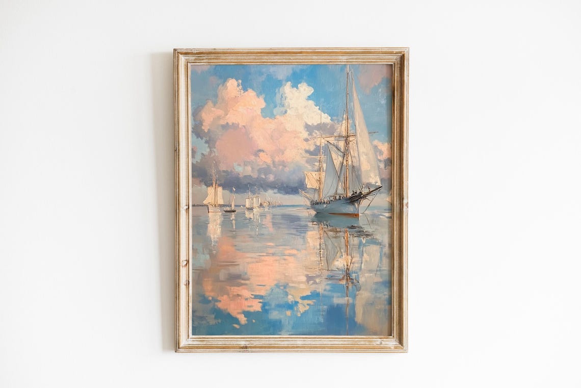 Tall Ships in Calm Harbor at Sunrise Serene Nautical Painting Print
