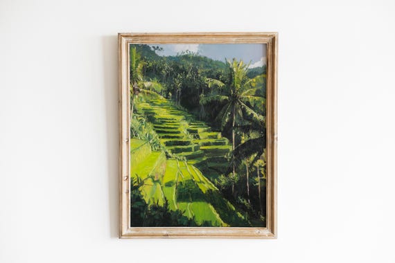 Tropical Bali Rice Terraces At Dusk Painterly Landscape Art Moody Tranquil Decor Lush Jungle Print 588