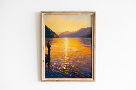 Rustic Ullswater Fisherman Print Tranquil Lake Landscape Art Moody Warm Light Impressionistic Wall Decor 1065