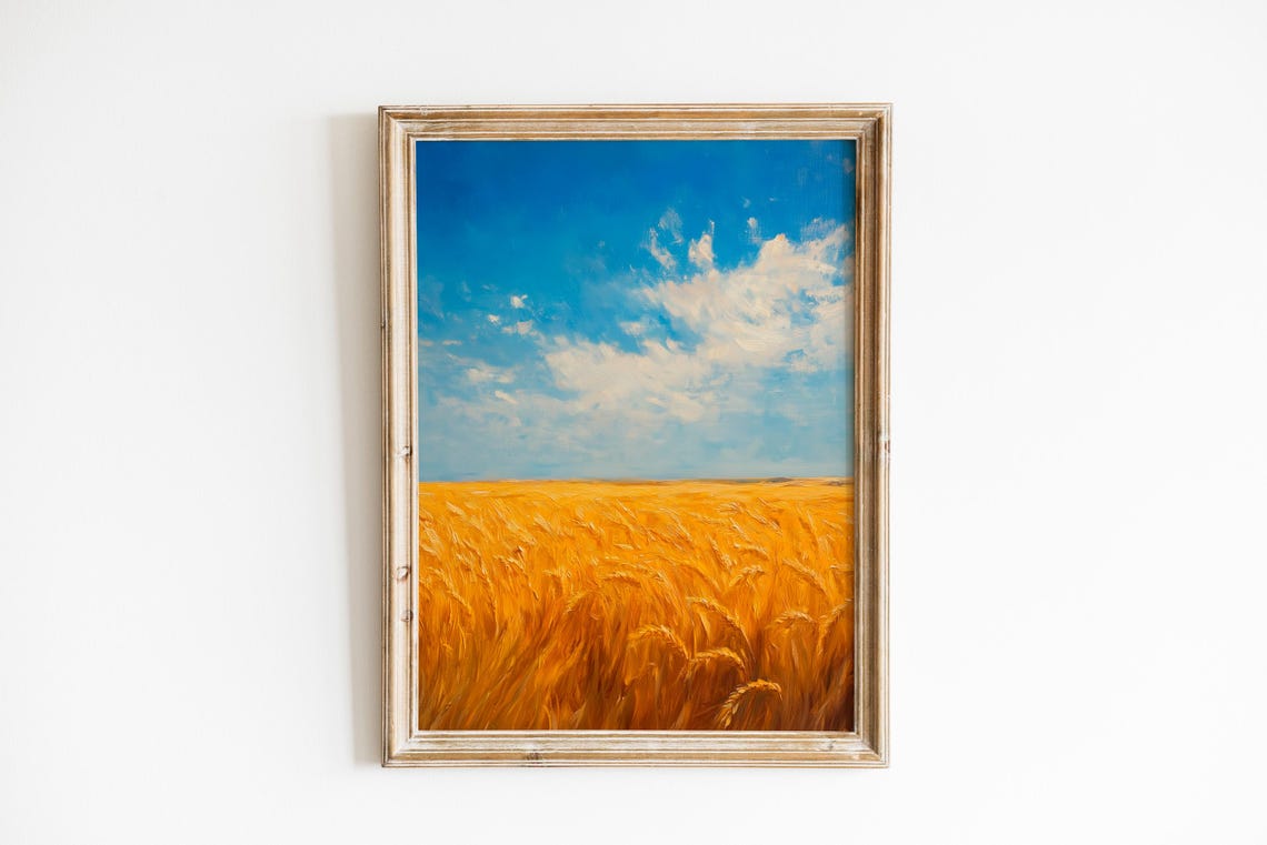 Golden Wheat Field Under Blue Sky Rustic Farmhouse Landscape Art Print