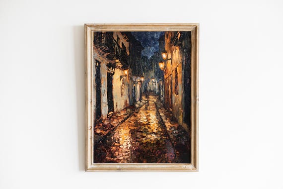 Moody Night Alley Art Vintage Romantic Street Scene Painting Glowing Lamps Old Cobblestone Cinematic Impression 997