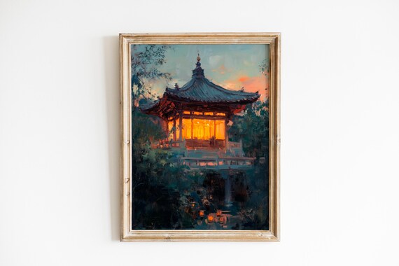 Moody Glow Of A Buddhist Temple At Dusk Twilight Serenity Painting Spiritual Lantern Light Asianinspired Decor Wall Art 955