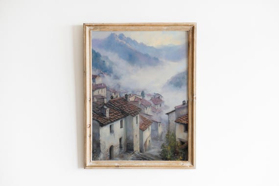 Moody Highland Village Print Rustic Wall Art Serene Foggy Landscape Vintage Countryside Scene 620