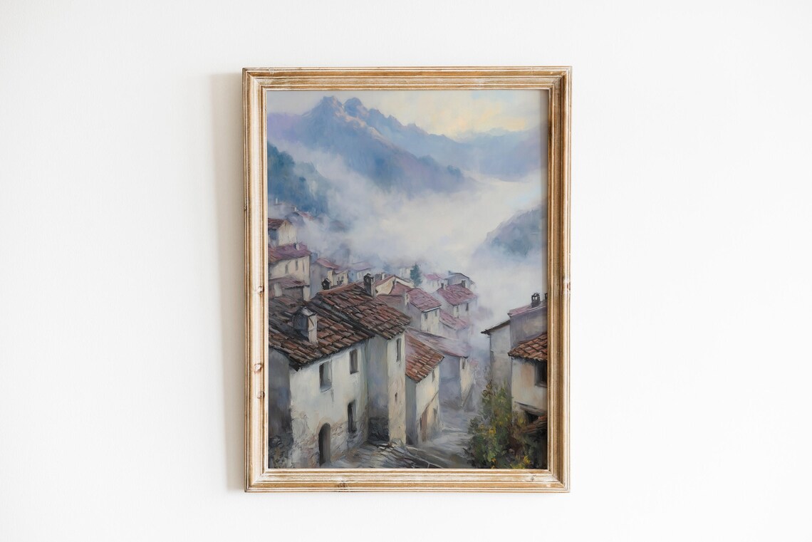 Moody Foggy Highland Village Mountain Mist Oil Painting Wall Art