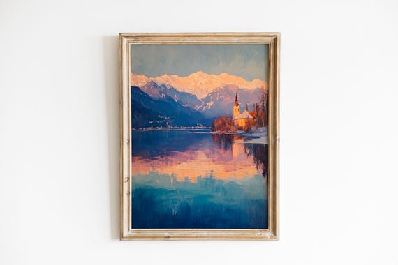 Moody Lakeside Landscape Art Lake Bled Reflection Oil Painting Serene Sunrise Scene Tranquil Wall Decor 533