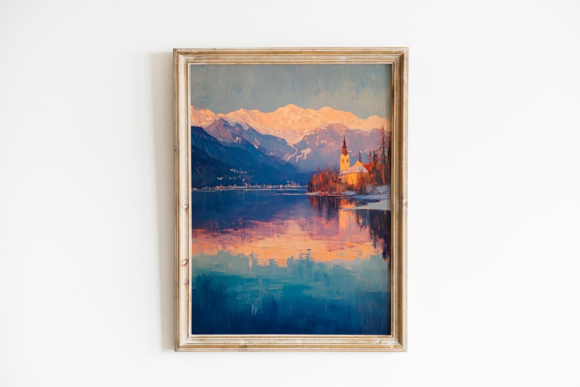 Lake Bled Island Church Sunset Reflection Slovenia Art Poster