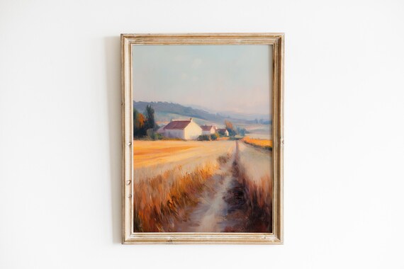 Rustic Countryside Landscape Art Moody Harvest Fields Cozy Cottage In Mist Farmhouse Decor Vintage 107