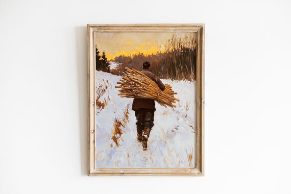 Rustic Winter Farmer Scene Cozy Cottage Painting Moody Sunset Landscape Vintage Farmhouse Art Print Snowy Path 1052