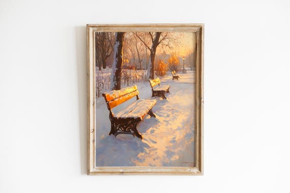 Vintage Winter Park Scene With Empty Snowcovered Benches Serene Decor Peaceful Path Bare Trees Cozy 766