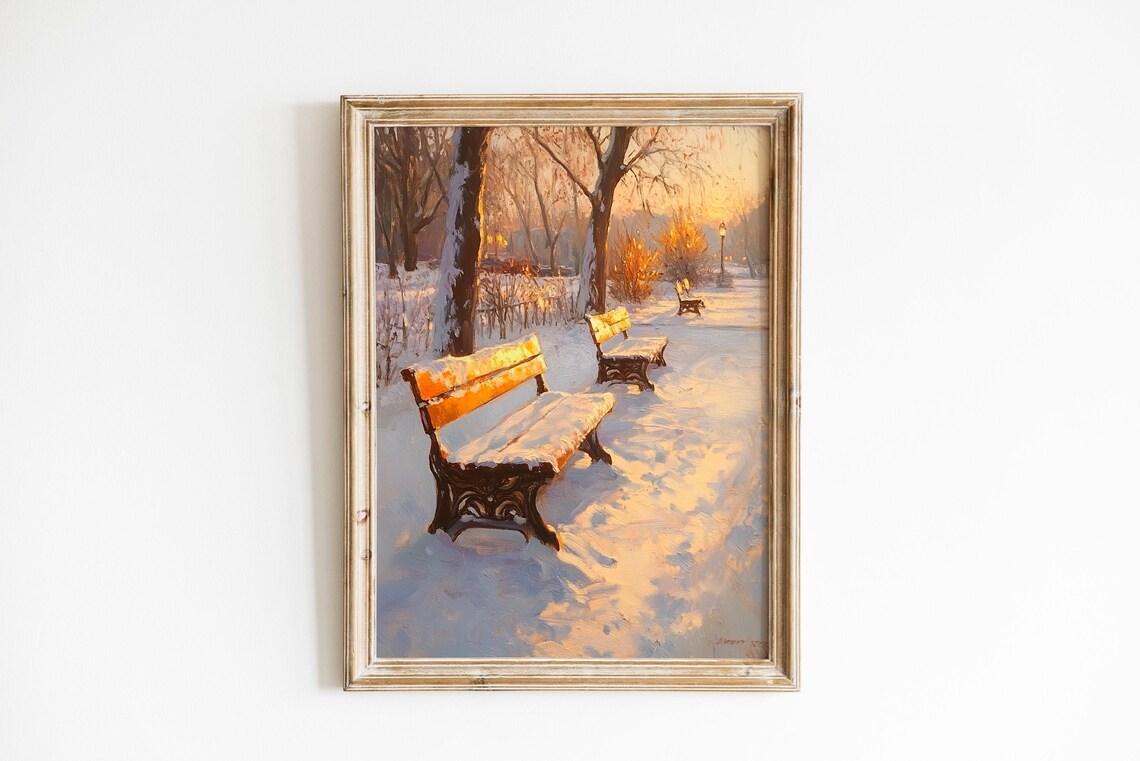 Snowy Winter Park Benches Golden Sunrise Vintage Oil Painting Poster