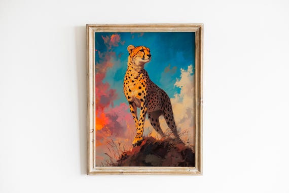 Moody Cheetah On Rocky Perch Painting Dramatic Wildlife Art Bold Animal Portrait Teal Sky Contemporary Safari Wall 1131
