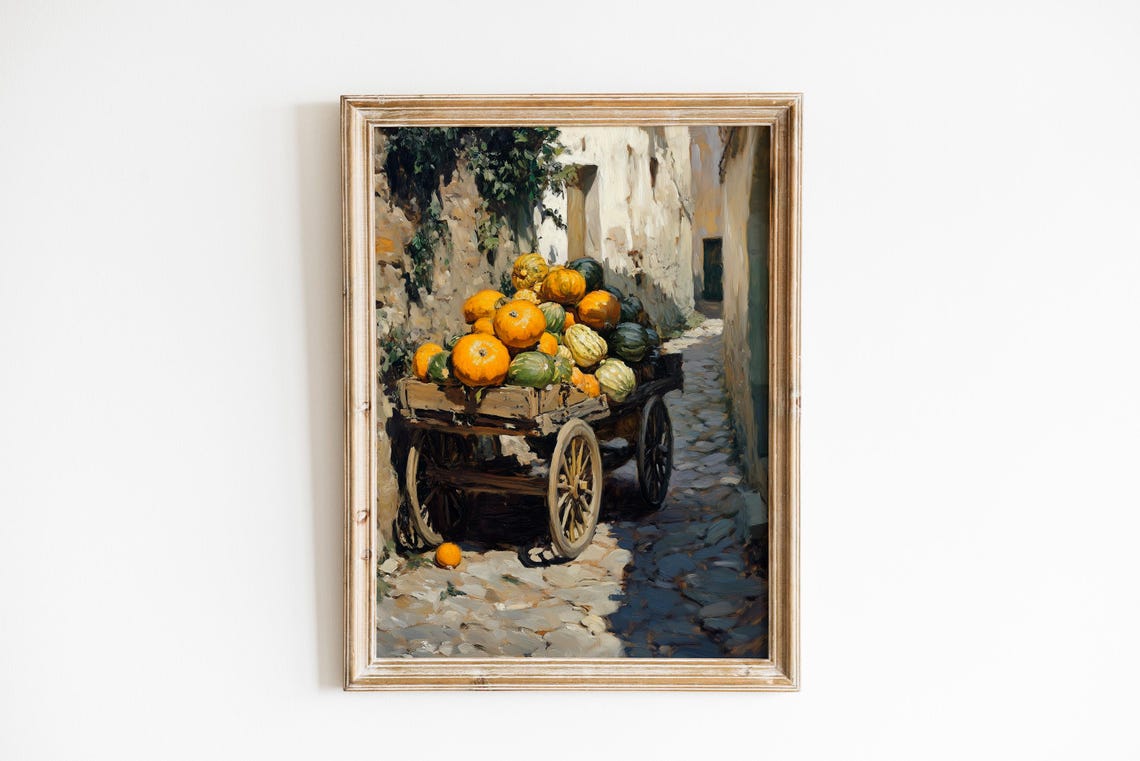 Vintage Harvest Cart with Pumpkins Cobblestone Street Autumn Art Poster