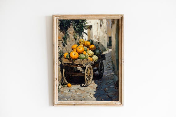 Vintage Harvest Cart with Pumpkins Cobblestone Street Autumn Art Poster