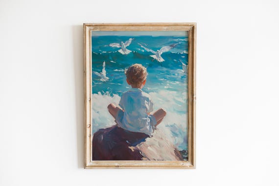 Moody Child By The Shoreline Print Serene Coastal Art Contemplative Beach Scene Turquoise Sea Instant Wall 36