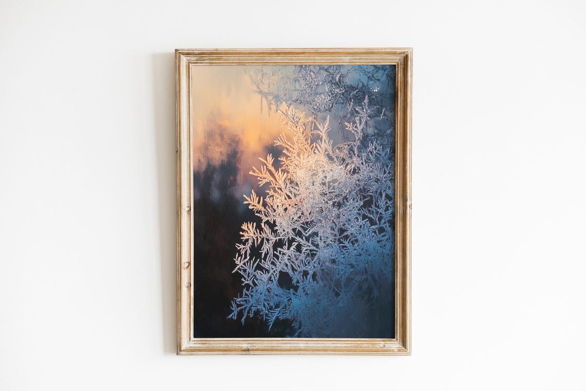 Frost Crystals on Glass Amber Glow Abstract Winter Art Poster