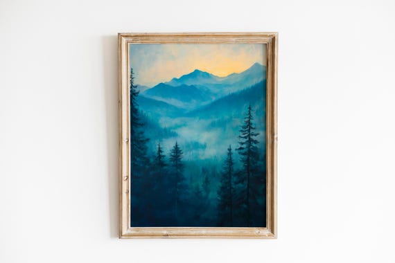 Moody Mountain Landscape Art Pine Valley Misty Dawn Painting Rustic Cabin Decor Natureinspired Wall 610