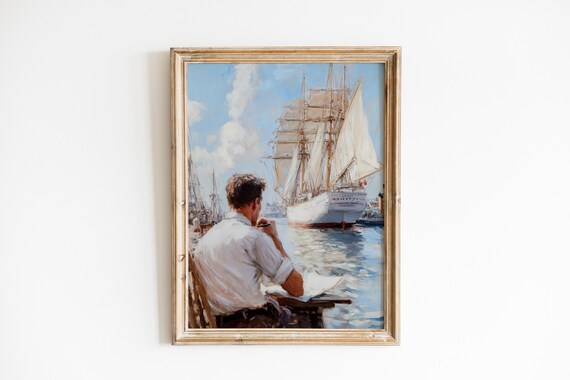 Artist Sketching Tall Ship In Harbor Impressionist Coastal Wall Art