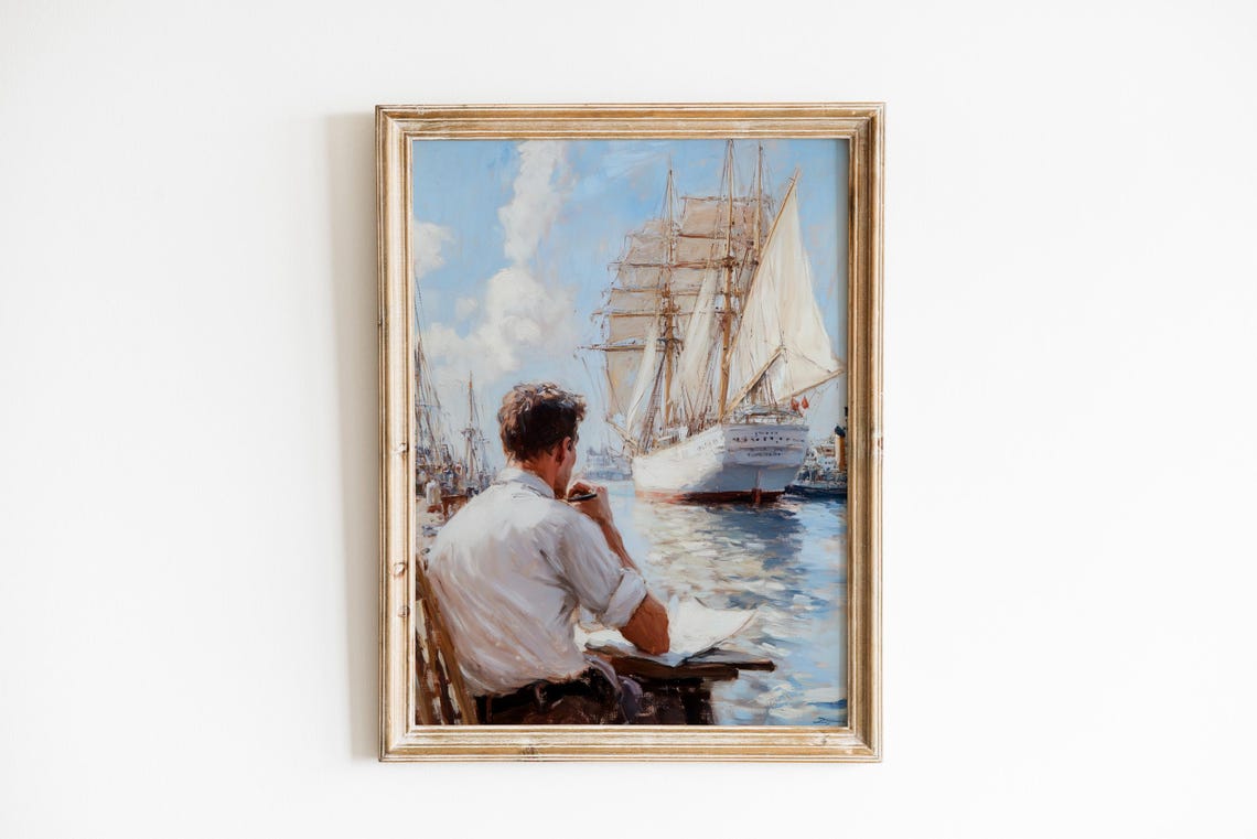 Artist Sketching Tall Ship In Harbor Impressionist Coastal Wall Art