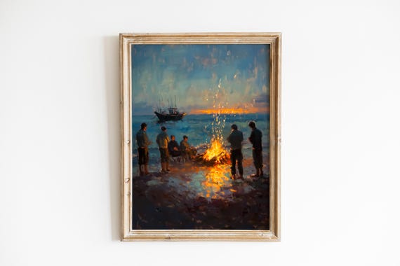 Moody Coastal Bonfire At Dusk Rustic Seaside Art Print Fishermen Gathering Impressionistic Beach Decor 240
