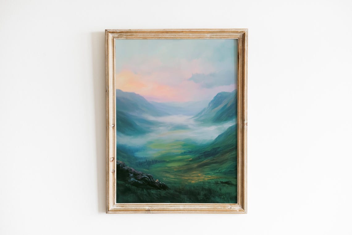 Emerald Green Valley Misty Hills Romantic Pastel Landscape Wall Art