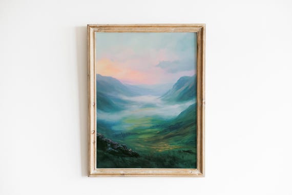 Emerald Valleys Misty Landscape Romantic Irish Art Calm Moody Wall Decor Soft Pastel Dawn Scene 361