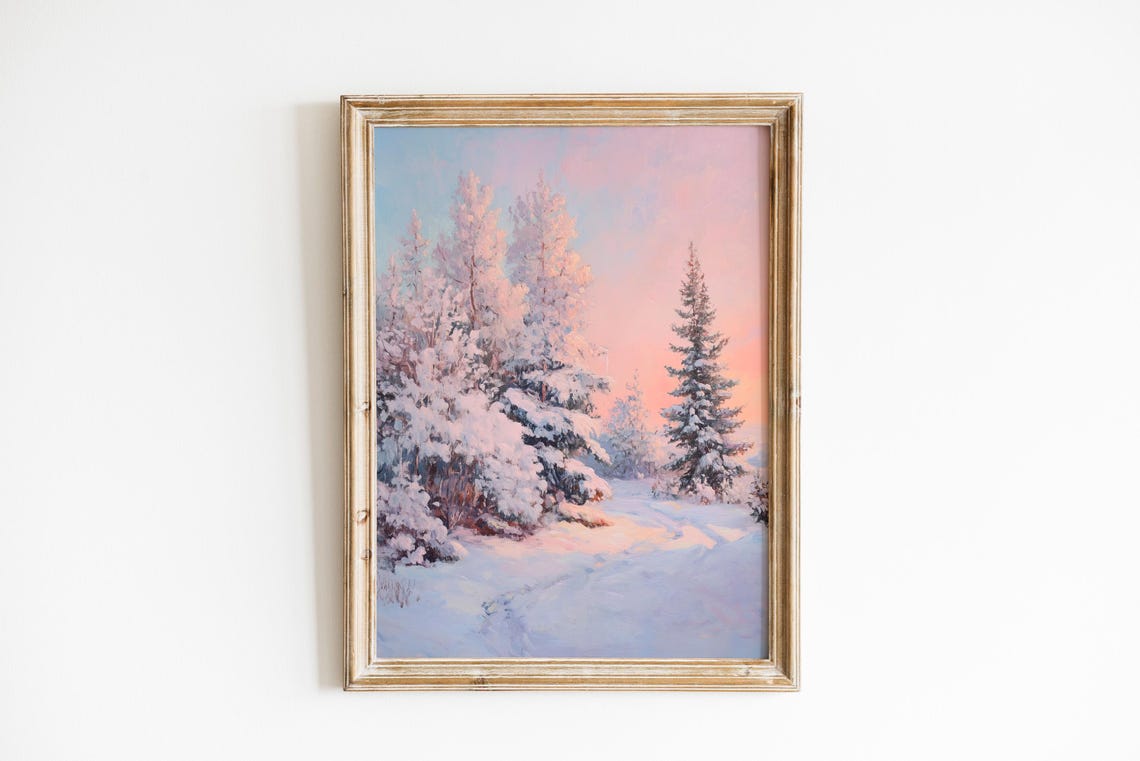 Snowy Pines Pastel Dawn Winter Forest Landscape Scene Art Poster