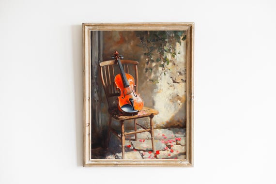 Moody Violin On Caf Chair Painting Rustic Vintage Art Cozy Musical Scene Romantic Wall Decor 438