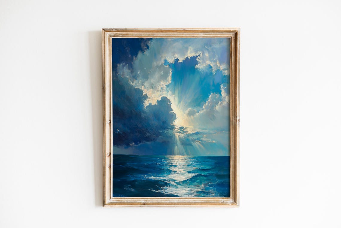 Moody Stormy Ocean Seascape Oil Painting Sunbeam Clouds Poster