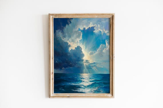 Moody Seascape Painting Dark Clouds Sunlight Drama Classic Coastal Wall Art Stormy Ocean View Nautical Decor 803