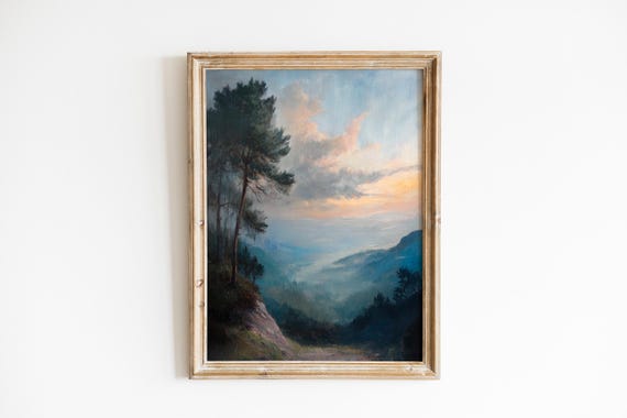 Moody Dawn Pine Valley Painting Tranquil Mountain Sunrise Wall Art Earthy Landscape Atmospheric Decor 947