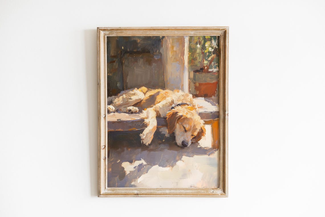 Golden Retriever Sleeping On Sunlit Porch Cozy Oil Painting Poster