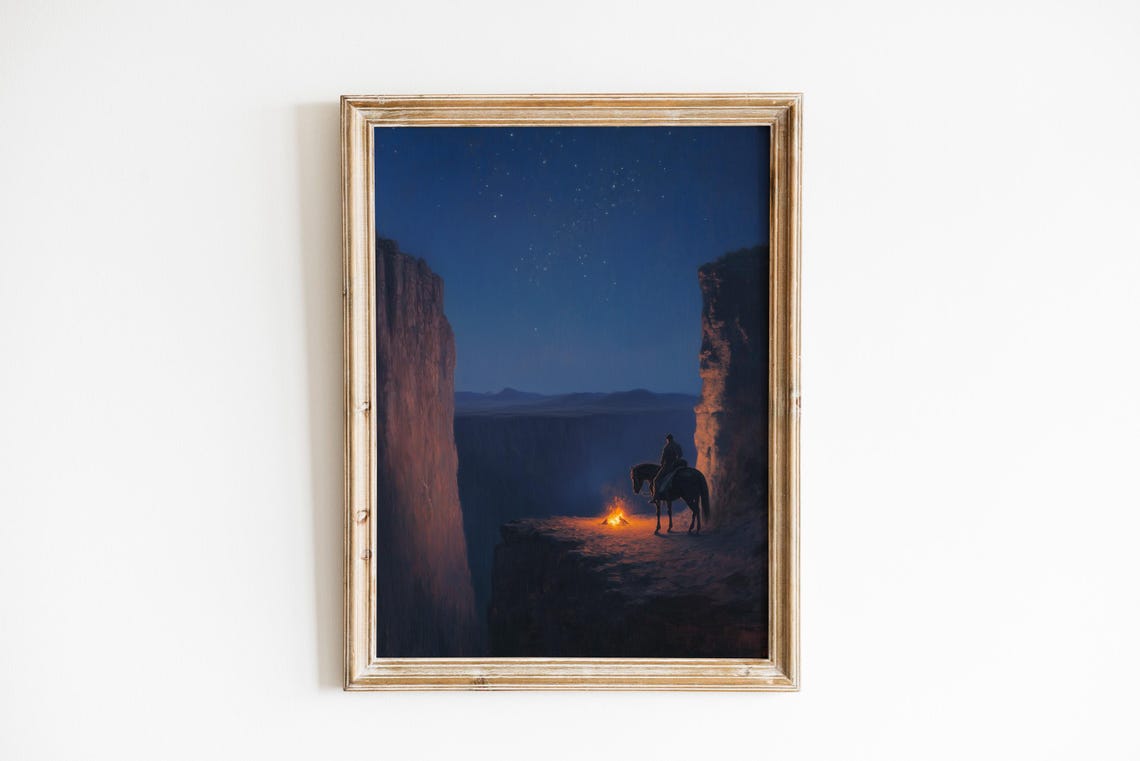 Lone Horseback Rider by Campfire in Canyon Under Night Stars Wall Art