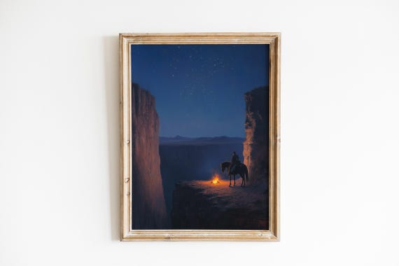 Rustic Night Scene With Lone Rider Horse Moody Camping Artwork Dramatic Cliff Ledge Western Wall Decor 61