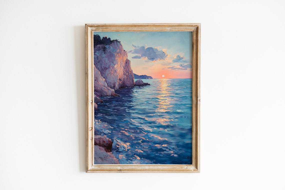 Lavender Cliff Coastal Sunset Calm Sea Impressionist Art Poster