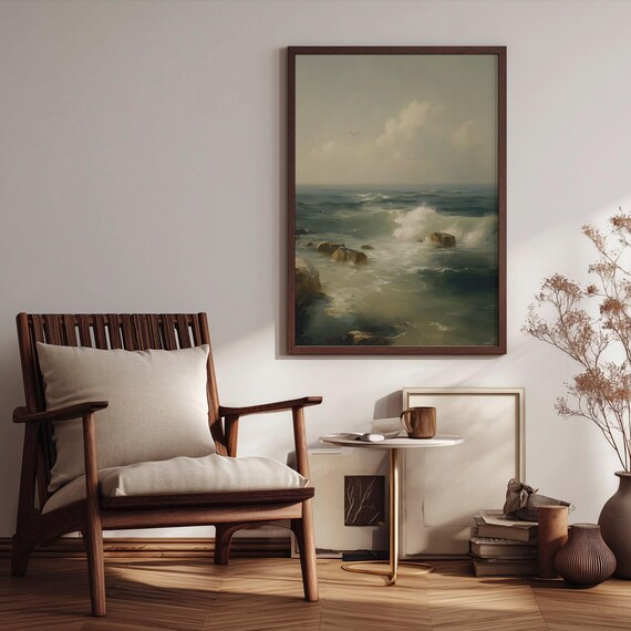 Rocky Shore Ocean Waves Vintage Seascape Coastal Rocks Art Poster