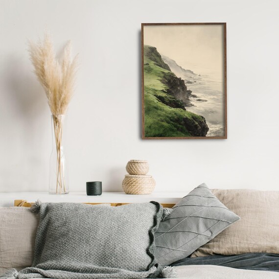 Green Coastal Cliffs Over Ocean Waves Watercolor Landscape Poster