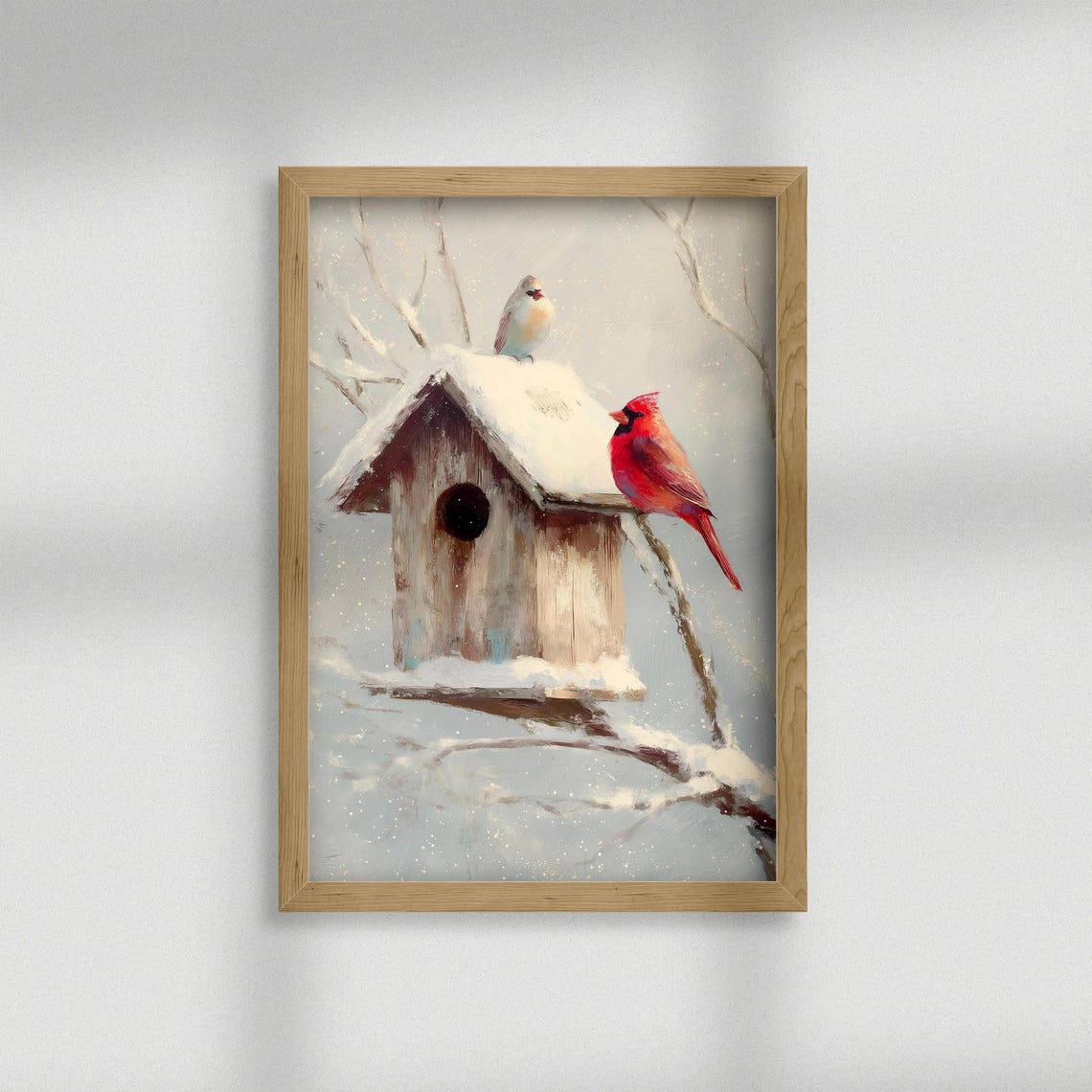 Cardinal Pair on Snowy Birdhouse Winter Bird Painting Poster