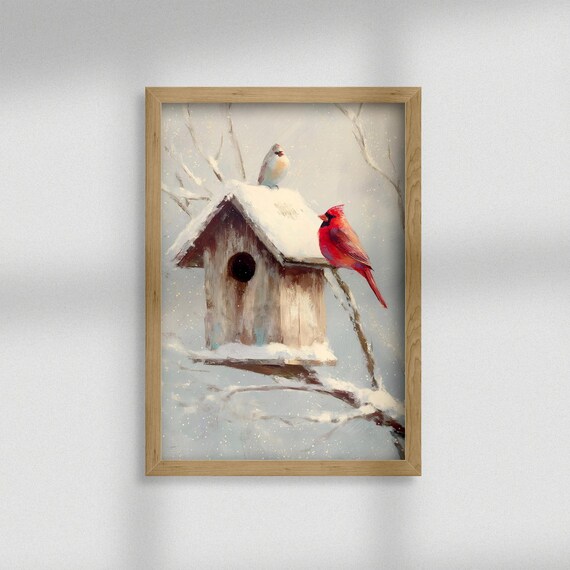 Cardinal Pair on Snowy Birdhouse Winter Bird Painting Poster