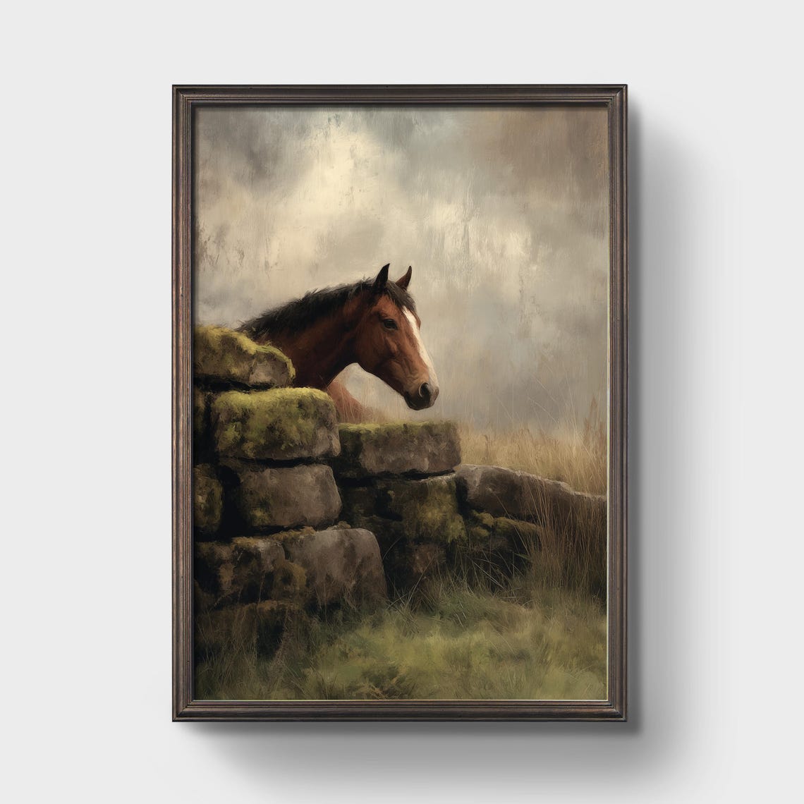 Chestnut Horse Behind Stone Wall Moody Pastoral Oil Art Print