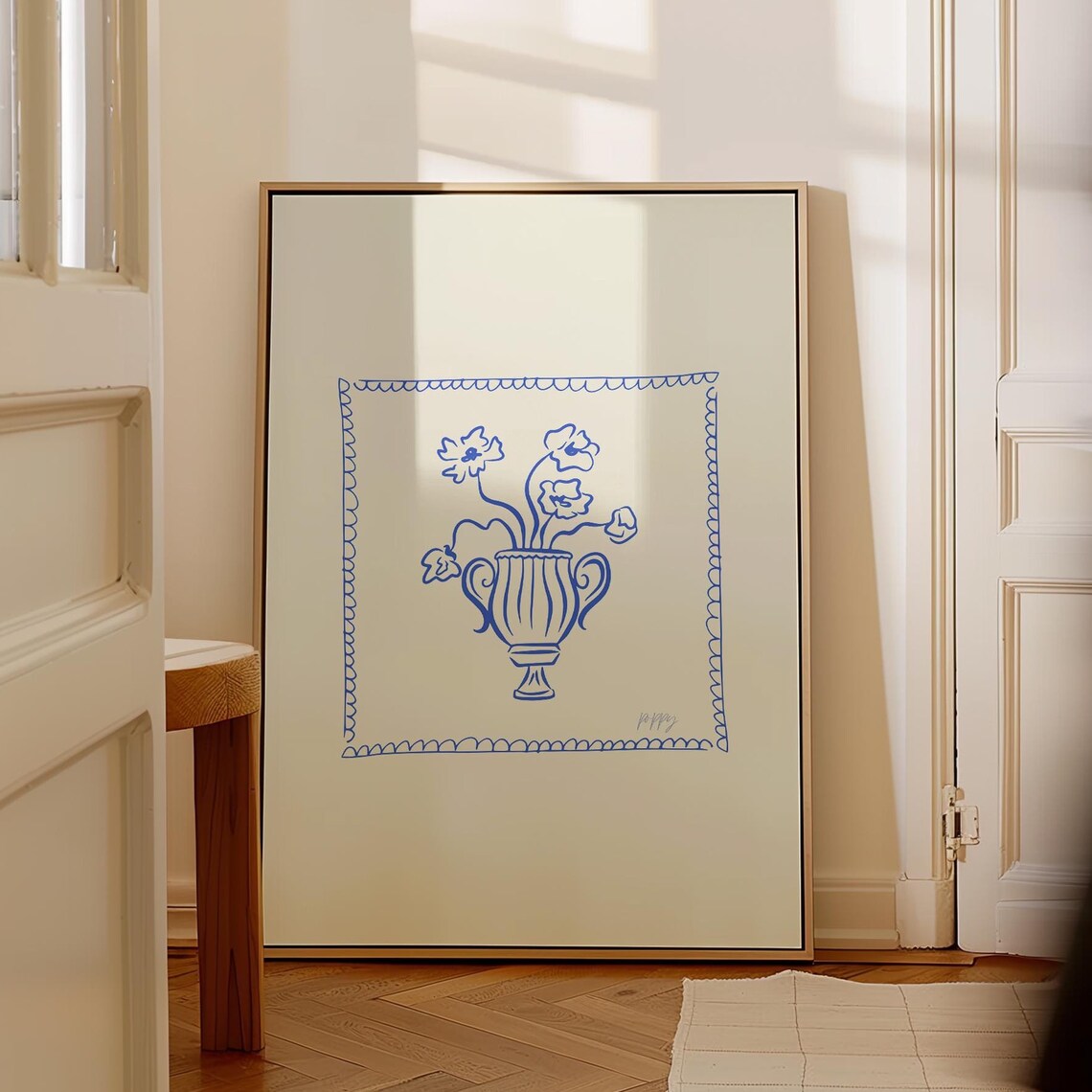 Cobalt Blue Floral Urn Scalloped Border Line Art Cream Wall Poster