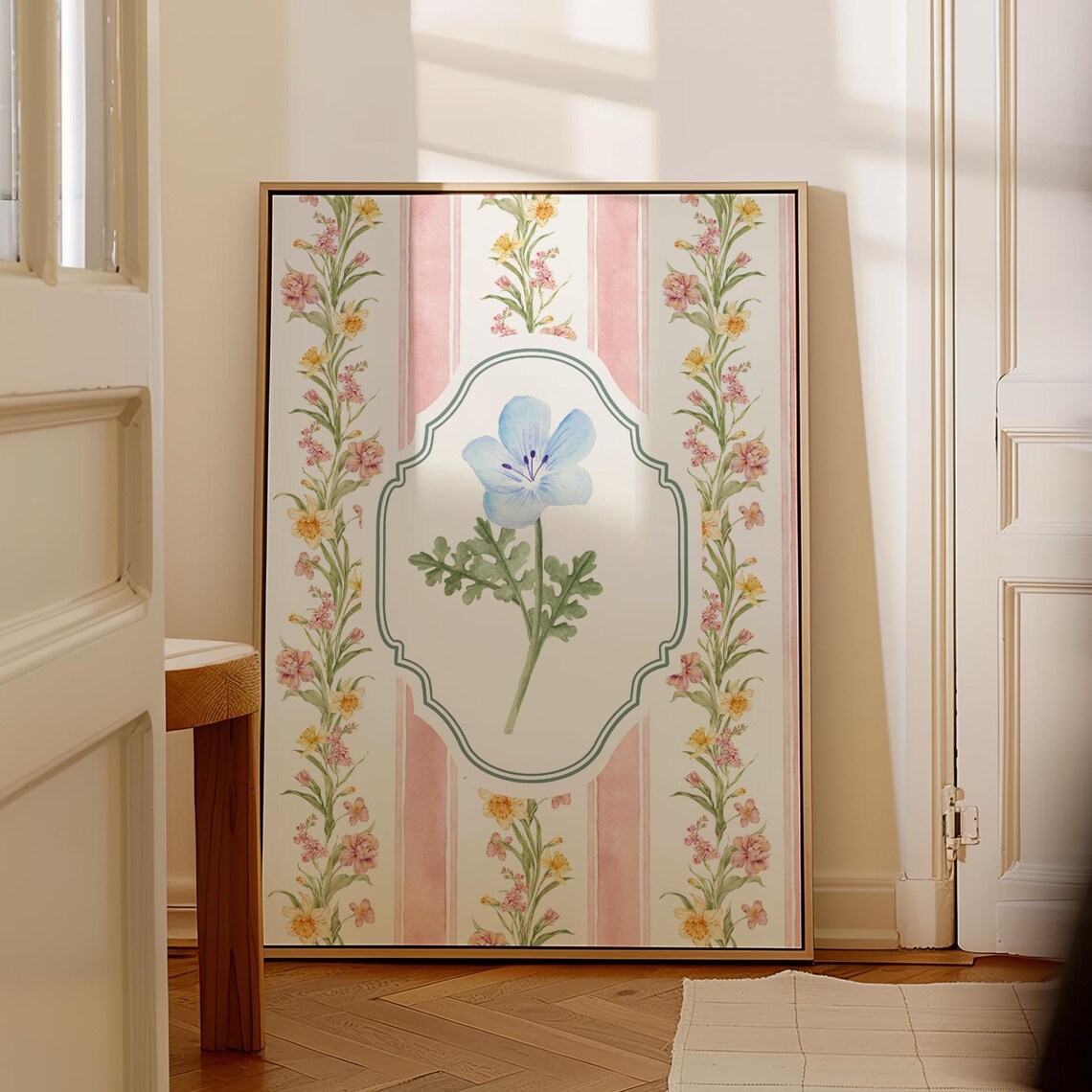 Vintage Floral Stripe Paisley Blue Flower Botanical Wall Art Poster